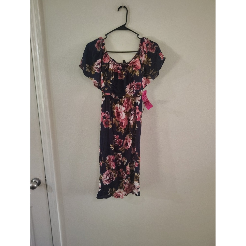 Haute Monde Women Small Navy Blue Pink Floral Off Shoulder Ruffle Midi Dress NWT
